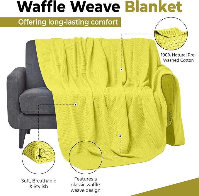 100% Cotton Blankets for Bed - Waffle Weave Blankets for Summer, Lightweight and Breathable Soft Woven Blanket for Spring (Yellow, Throw (50" x 60"))