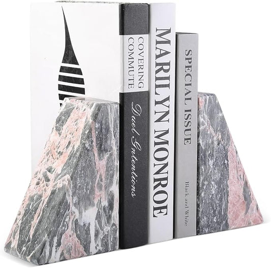 Koville Marble Bookends for Shelves, Large Bookends for Heavy Books, Natural Stone Book Stopper for Books CD Movies, Aesthetic Decorative Book Ends (Grey&Pink)