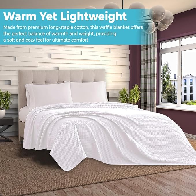 100% Cotton Blankets for Bed - Waffle Weave Blankets for Summer, Lightweight and Breathable Soft Woven Blanket for Spring (White, King (90" x 108"))