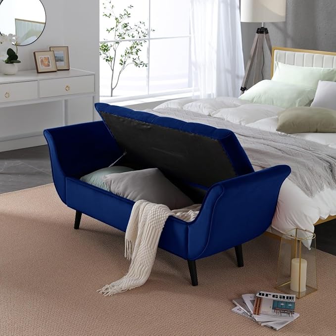 Velvet Storage Bench for Bedroom, Navy, Button Tufted, Solid Wood Legs, Ample Storage Space, Easy Assembly