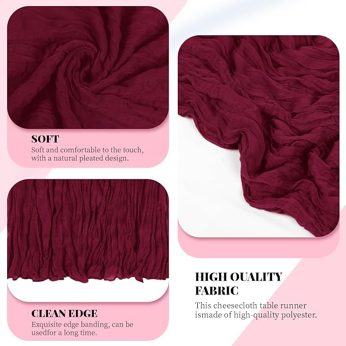 3 Pack Burgundy Cheesecloth Table Runner, 17 x 108 Inch, Gauze Cheese Cloth Table Runner Rustic Sheer Runner for Wedding Birthday Party Baby Shower Table Decor(Burgundy)