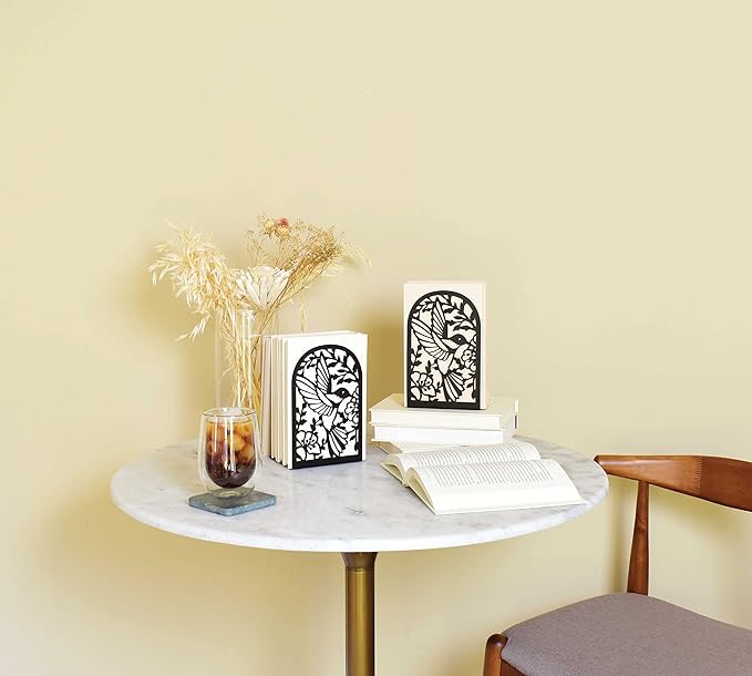 CNK Premium BookEnds - Heavy Duty Metal Book Stoppers for Home Office, Decorative Book Shelf Holders (Hummingbird Black)