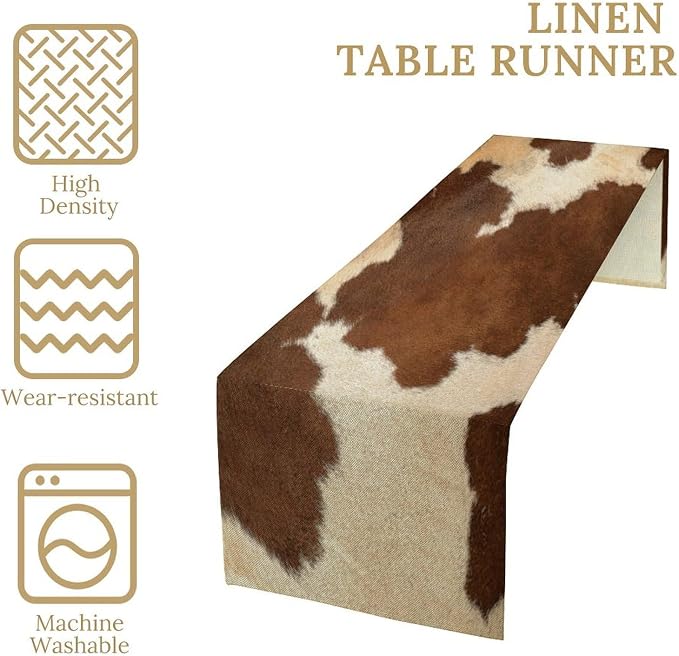 Cow Print Table Runner,Farmhouse Western White Brown Cowhide Pattern Table Runner for Coffee Table Dining Room Table Bedroom Party Holiday Decor 13x36inch