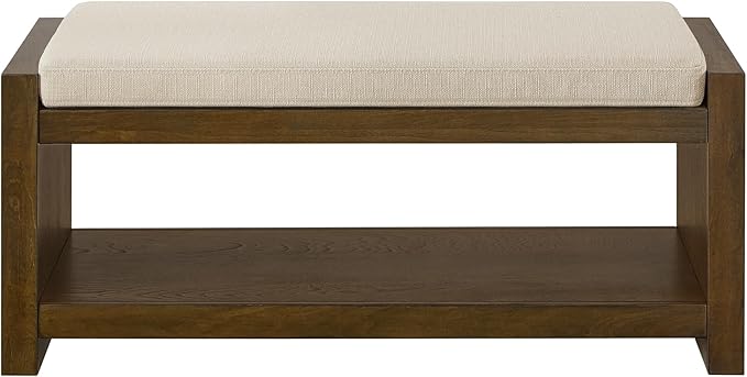 Accent Bench with Lower Shelf Shoe Rack, Padded Seating Bench for Living Room, Modern Compact Bed End Bench with Storage for Bedroom Seating, Removable Cushion (Ivory, 40" L)