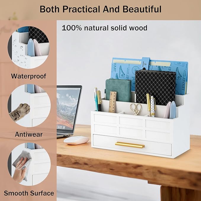 dreampossible white Wood Desk Organizer and Accessories with Drawer, Bill Mail Organizer and File Mail Holder for Office Supplies, Rustic Desk Accessories & Workspace Organizers for Desk Organization