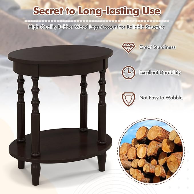 Giantex Oval End Table, 2-Tier Side Table with Storage Shelf & Solid Wood Legs, Modern Living Room Accent Table, Wood Nightstand for Bedroom, Small Space, 20.5" L x 15.5" D x 24.5" H, Espresso