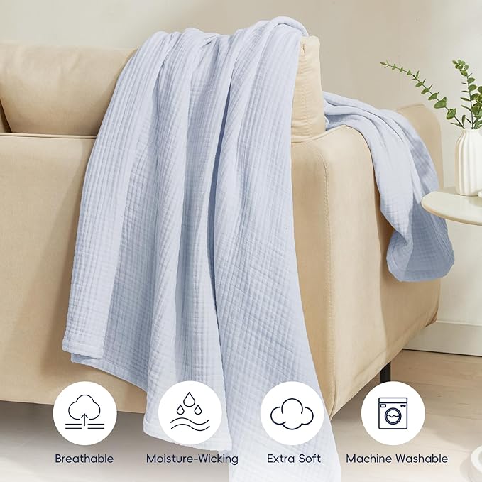 PHF 100% Cotton Muslin Blanket Twin XL Size 66"x90", 4-Layer Lightweight Gauze Throw, Breathable Cloud-Soft Minimalist Blanket for Bed, Couch, Camping, Ancient Water, Ideal Gift