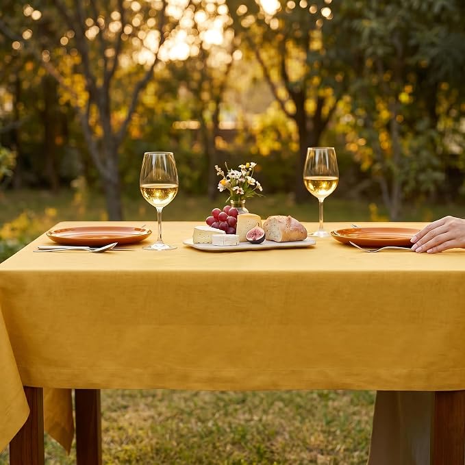 Solino Home Linen Tablecloth 60 x 90 Inch - 100% Pure Linen Mustard Yellow Table Cloth for Rectangle Tables - Fete, Machine Washable Tablecloth for Summer