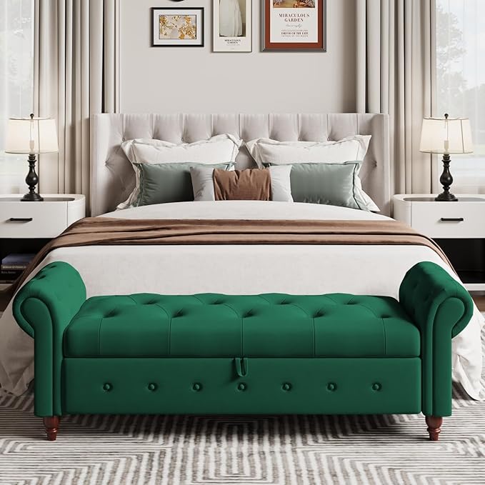 Modern 63'' Storage Ottoman, Velvet Upholstered End Bench with Curved Armrest, Button Tufted Entryway Bench for Bedroom, Living Room, Hallway (Dark Green)