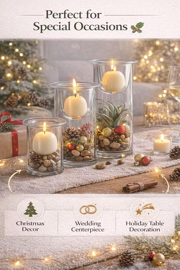 KMwares Glass Cylinder Candle Holders Set of 3 with Artificial Succulent and Decorative Stones, Hurricane Candle Holder Centerpiece for Table, Wedding, Bathroom and Home Decor (Candles Not Included)