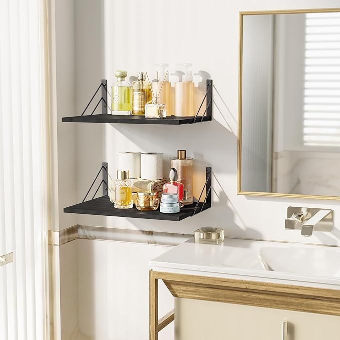 Love-KANKEI Wide Floating Shelves for Wall, Black 16" W x 12" D Large Deep Wood Wall Shelves for Storage in Bathroom, Bedroom, Living Room, and Kitchen Set of 2