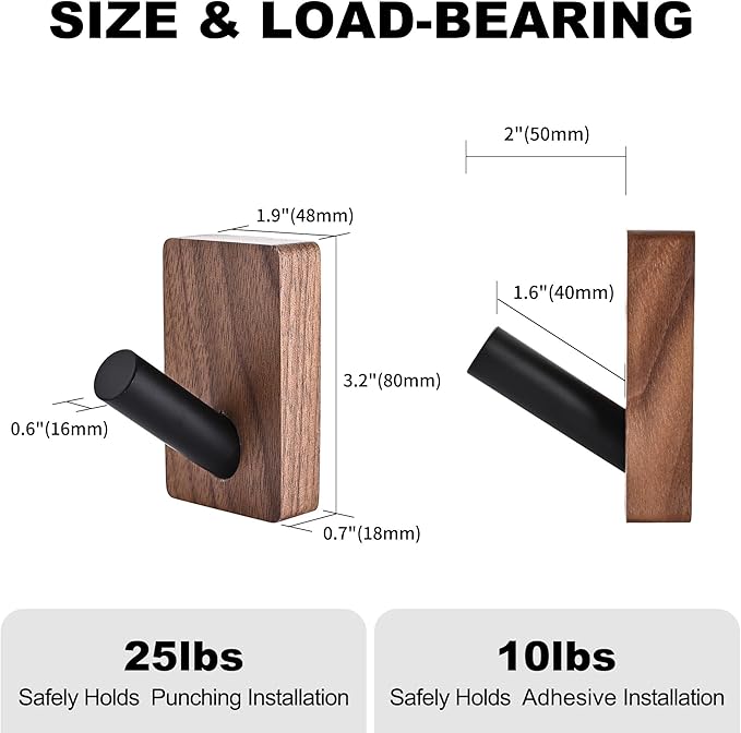 4 Pack Wooden Wall Hooks for Hanging, Adhesive Mounted & Wall Mount Boho Decorative Walnut Wood Coat Hooks for Towel Clothes Blanket Hat Backpack Robe Nursery Door Board Entryway Key Holder