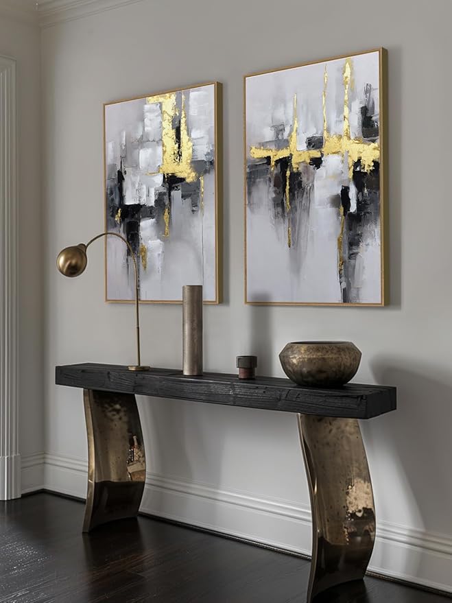 SAFERRYHOME 2-Piece Large Grey and Gold Abstract Wall Decor- Framed Modern Canvas Paintings for Living Room, Bedroom, Office Décor - 24x36 Inches Each