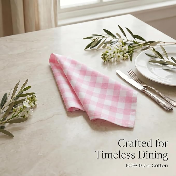 Urban Villa Cloth Napkins 100% Cotton Highly Absorbent Washable Reusable Premium Dinner Napkins Ideal for Gifts for Mothers Day Hotel Farmhouse Parties - Pink/White Checks (20" x 20", Set of 12)