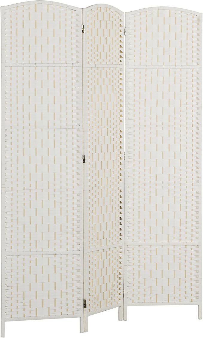 HOMCOM Room Divider 3 Panel, 6FT Tall Folding Privacy Screen, Freestanding Hand-Woven Partition for Room Separation with 360° Hinges, Paper Rope Diamond Weave, White