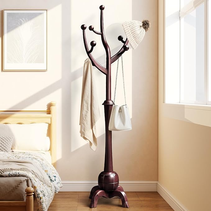 Wooden Coat Rack Freestanding with 8 Hooks, Heavy Duty Coat Hanger Stand with Stable Base, Vintage Coat Tree Standing Coat Racks for Entryway, Hallway, Bedroom (Wine Red)