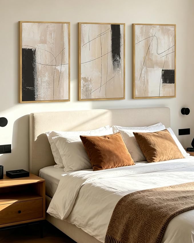 KUVIOKE Abstract Framed Wall Art Minimalist Beige Pastel Watercolor Neutral Wall Decor Modern Black Line Art Painting for Bedroom Dining Room 24x36in (Natural Framed)