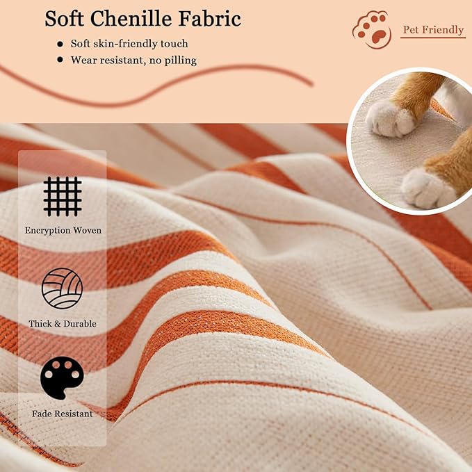 DREAMINGO Couch Cover Reversible Chenille Furniture Protector Sofa Covers for Pets Kids Beige Orange Couch Cover for 3 Cushion Couch Sofa Vertical Stripe Jacquard Sofa Slipcover Sectional, 71"x134"