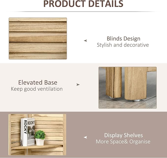 4-Panel Folding Room Divider with Shelves, 5.6 Ft Freestanding Paulownia Wood Privacy Screen Panel with Storage Shelves for Bedroom or Office, Natural