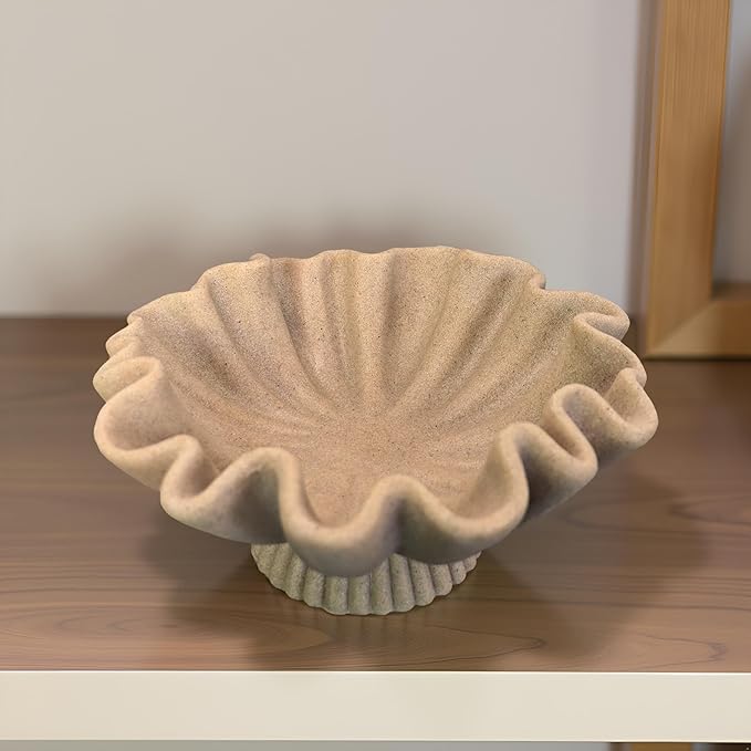 10" Large Handmade Decorative Bowl decor , Handicraft Scalloped Bowls for Modern Home Decor,Ruffle Decor,Key Bowl for Entry Table,Decorative Fruit Bowl for Kitchen Counter,Artificial Stone Beige
