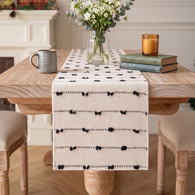 Artoid Mode Black Boho Rustic Cotton Woven Table Runner, Seasonal Halloween Kitchen Dining Table Decoration for Home Party Decor 12x36 Inch