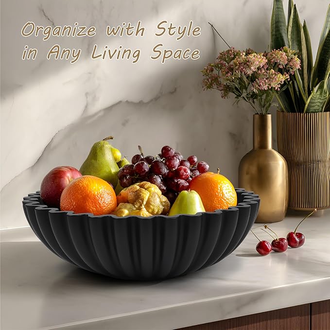 Large Decorative Bowl for Home Decor - Centerpiece for Coffee Table,Dining Table,Kitchen, Entryway Key bowl & Fruit Display - Modern Concrete Stone Design (Black)