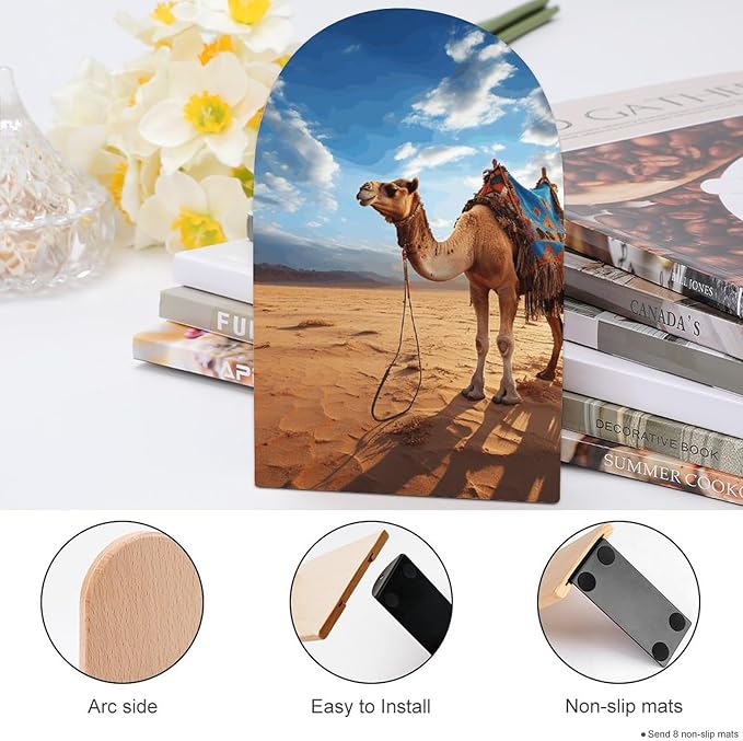 Camel Sky Book Ends Wooden Bookends Non-Skid Metal Base Heavy Duty Book Shelves Decor, Decorative Bookends for Books/CDs Bookshelf Table Home Decor