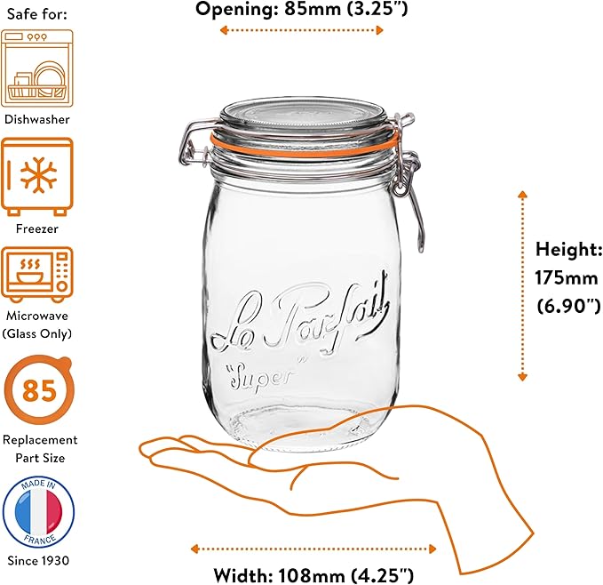 Le Parfait Super Jar 1L (32oz) French Glass Preserving Jar w/Airtight Rubber Seal & Wire Bail Closure - BPA-Free Canning Jar for Pickles, Fruits, Sauces & Food Storage - Made in France Since 1930 1PK