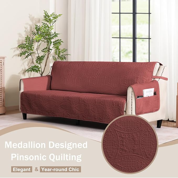 Soft Quilted Couch Cover with Pockets for Extra-Large Sofa, Anti-Slip Sofa Covers Washable for 3 Cushion Pet Friendly, Oversized Sofa Cover Water-Repellent (X-Large Sofa 78", Red)