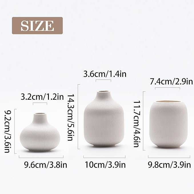 White Ceramic Vases for Decor, 3 Set Small Modern Minimalist Ribbed Vases Decorative for Table Shelf Decor Bookshelf Decoration Vase