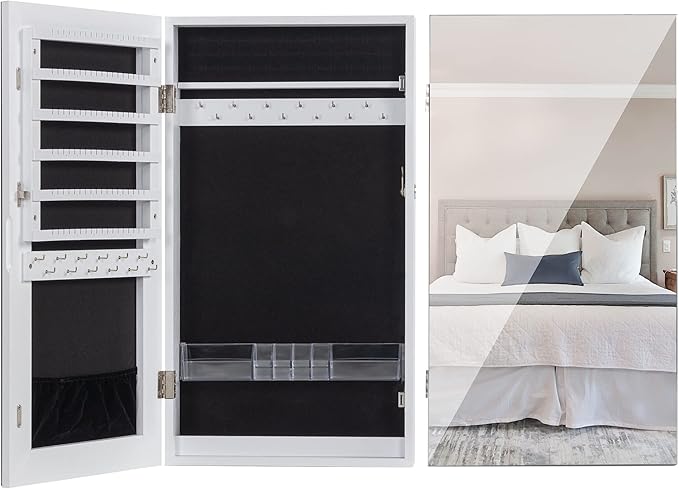 LAVIEVERT Lockable Jewelry Cabinet Armoire with Frameless Mirror, Wall/Door Mounted Space Saving Jewelry Display Organizer with Lipstick Compartments - White