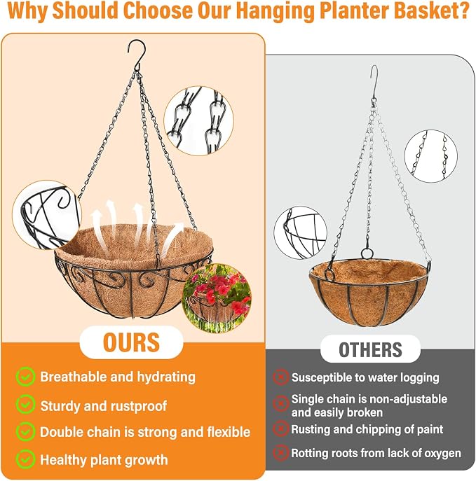 Legigo 2 Pack 10 Inch Metal Hanging Baskets for Plants Outdoor- Round Wire Hanging Planters Basket with Coconut Coir Liner, Hanging Flower Pot for Outdoor Plants Flowers Garden Decorations