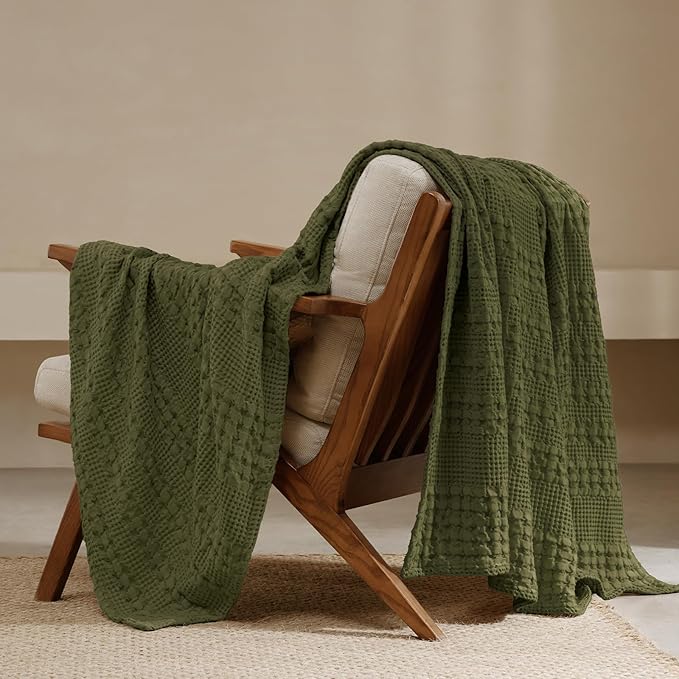 PHF 100% Cotton Waffle Weave Throw Blanket, Soft Lightweight Breathable Cozy Throws for Couch Bed Sofa, Luxury Aesthetic Blanket Gift for Home Decor & Office, 50"x60", Capulet Olive