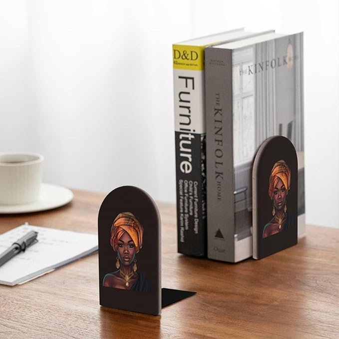 Black Women Beautiful Girl L-Shaped Book Ends 1 Pair Wood Bookends Book End Supports for Heavy Book Shelf Holder Home Decorative