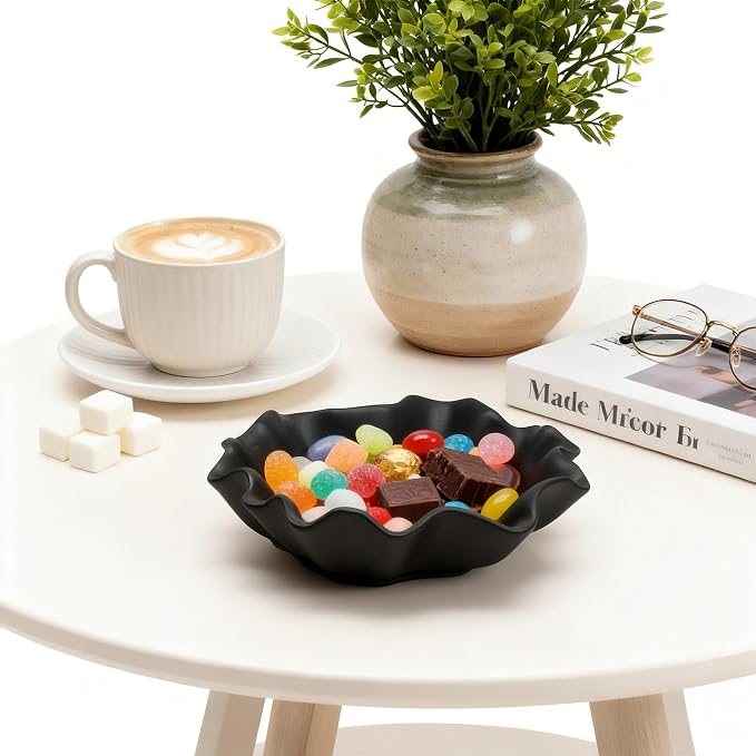 Small Black Ceramic Decorative Bowl, Modern Home Decor Centerpiece 7.8 Inches Key Jewelry Ruffle Fluted Scalloped Bowl with Wavy Edge