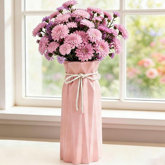 Disoza Ceramic Flower Vase Modern Home Decor Vases for Centerpieces Pink Minimalist Farmhouse 9.5" H x 3.9" W Cute Decorative Vases Flowers Tulip Pampas Grass Vase for Table Bathroom Shelf