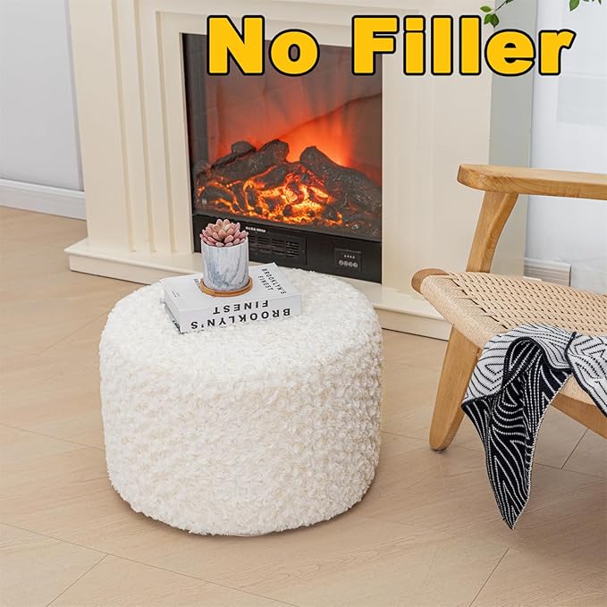 Poofieotto Unstuffed Pouf Ottoman Cover Handmade Footstool Ottoman Storage Solution Floor Pouf Footrest Cushion 20x12 Inches for Living Room Wedding Ivory