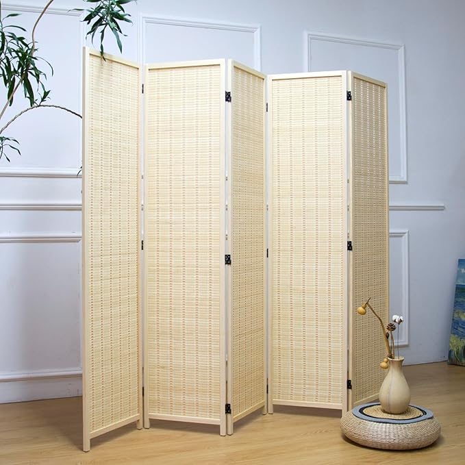 Furnnylane 5 Panel Bamboo Room Divider – 5.6 ft Tall Folding Privacy Screen, Natural Beige Freestanding Room Partition Wall for Home Office (67" x 76.75", 5-Panel)