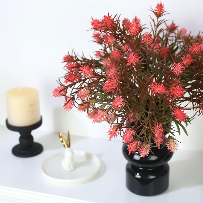 Artificial Flower Arrangement in Black Glass Vase, Home Decor，Modern Centerpiece, 11 x 11 x 16 inches (Thistle Blooms)