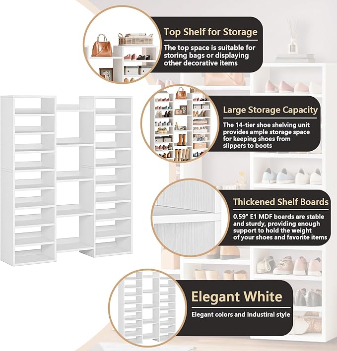 9-Tier Shoe Rack, Large White Shoe Storage Cabinet for Entryway, 46 Pairs Freestanding Shoe Organizer with 22 Cubbies, Modern Tall Wooden Shoe Shelf for Closet, Hallway, Bedroom, 59 Inch
