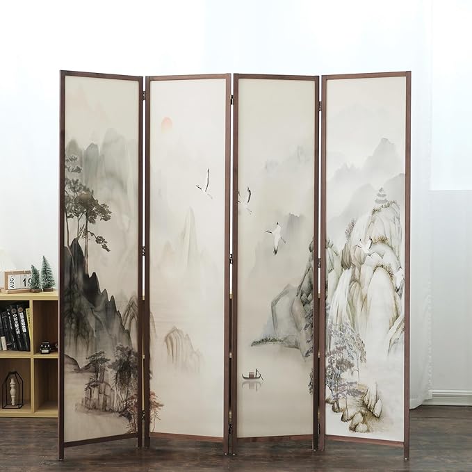 Furnnylane 4 Panel Room Divider, 5.6 ft Tall Double-Sided Blackout Folding Privacy Screen – Freestanding Wall Partition with Mountains and Waters Landscape for Home Office, Easy Setup (67" H x 63" W)