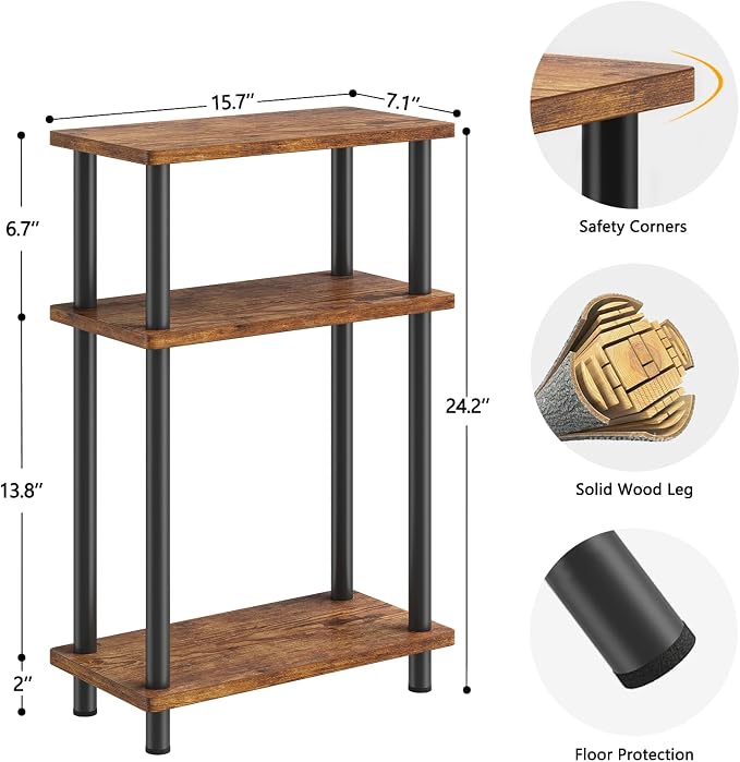 Apicizon Small Narrow Side Table, 3-Tier Skinny End Table for Small Spaces, Slim Nightstand with Storage Shelf, Bedside Table for Living Room, Bedroom, Rustic Brown and Black