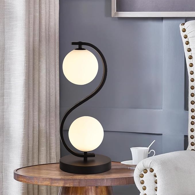 Modern Black S-Shaped Table Lamp 2-Lights Globe Glass Desk Lamp Plug in Metal 3 Color Temperatures Bedside Light Fixtures for Bedroom Living Room Office Study Corner