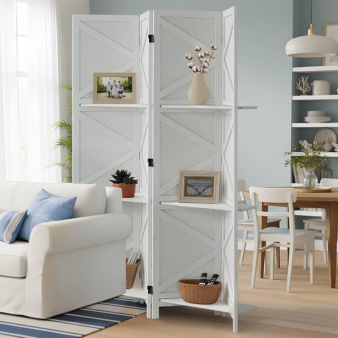 Modern Room Divider with Shelves, White X-Shape Design Folding Partition, 4-Panel Contemporary Freestanding Divider for Bedroom&Office, 67" H x 64" W