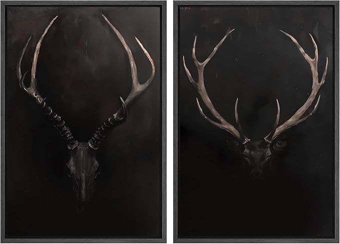 SIGNWIN Framed Canvas Print Wall Art Rustic Antler Skull Dark Dramatic Black Vintage-Inspired Deer and Elk Antlers Illustrations Decorative for Living Room, Bedroom, Office - 24"x36"x2 Black