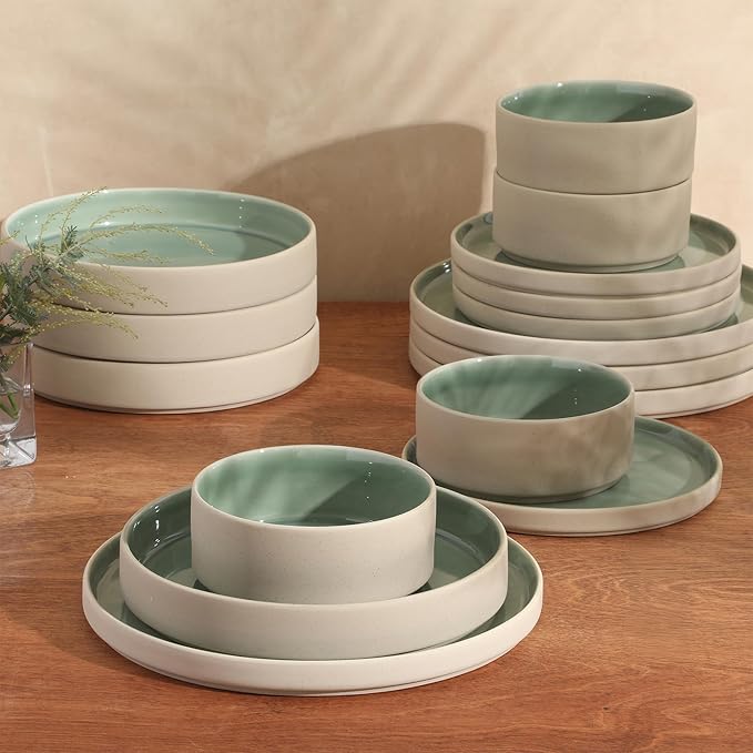 Gibson Elite Liberty Bay 16-Piece Pottery Clay Stoneware Dinnerware Set – Mint Green Reactive Glaze, Stackable Plates and Bowls W/Pasta Bowl, Service for 4 – Microwave & Dishwasher Safe