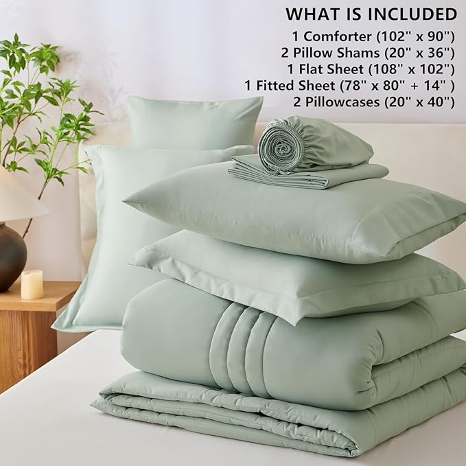 CozyLux King Size Comforter Sets - 7 Piece Bed in a Bag Sage Green Comforter Set with Sheets Luxury Bed Set All Seasons, Soft Bedding Set with Down Alternative Comforter, Sheets, Pillowcases & Shams