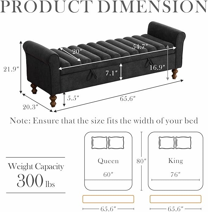 Aoiy & Wifon 65.55" W Large Storage Ottoman Bench, King Size End of Bed Storage Bench with Wood Legs, Upholstered Window Bench for Bedroom, Living Room, Entryway, Charcoal