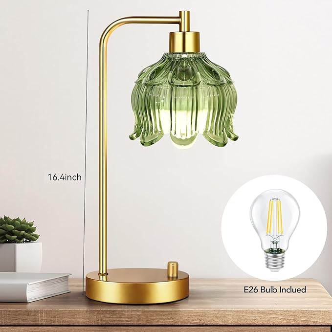 ILLMTW Glass Table Lamp Set of 2,Small Gold Bedside Lamps Dimmable Boho Bedroom Lamp with Tulip Flower Green Lamp Shade,Vintage Mid Century Modern Mini Nightstand Lamp for Bedroom Living Room