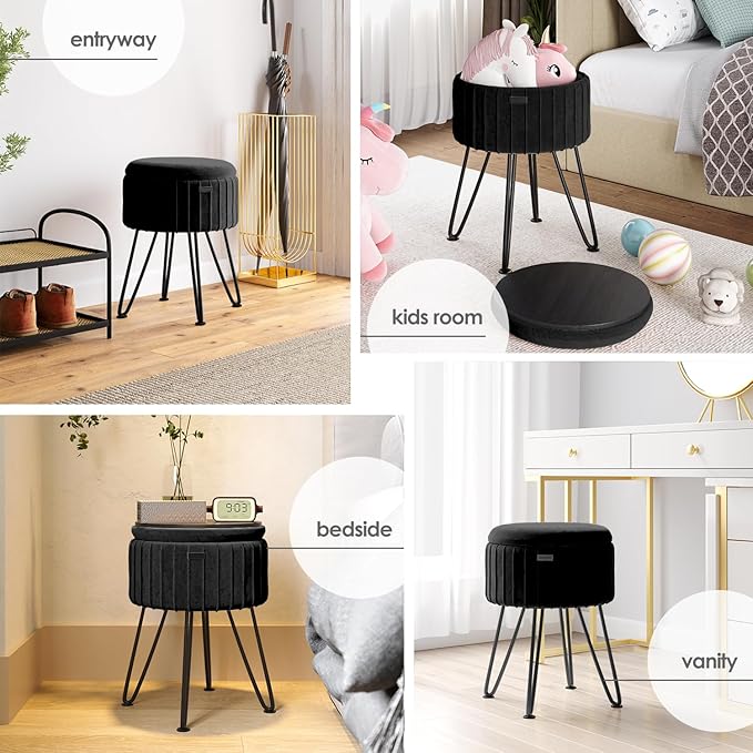 Round Ottoman with Storage, Pleated Velvet Storage Ottoman, Foot Stool Ottomans, Makeup Vanity Stool, Small Ottomans Foot Rest, Modern Vanity Stools for Living Room and Bedroom, Black